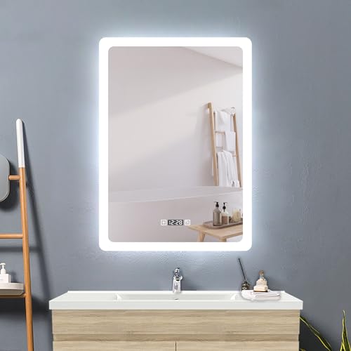 Acezanble Badezimmerspiegel mit Beleuchtung 3 Lichtfarbe Dimmbar mit Memory,60x80cm LED Spiegel mit Uhr Touch Beschlagfrei,Energiesparend Badspiegel Wandspiegel von Acezanble