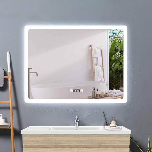 Acezanble Badezimmerspiegel mit Beleuchtung 3 Lichtfarbe Dimmbar mit Memory,80x60cm LED Spiegel mit Uhr Touch Beschlagfrei,Energiesparend Badspiegel Wandspiegel von Acezanble