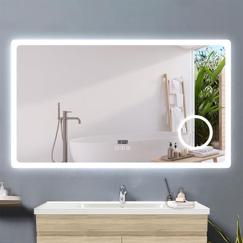 Acezanble Badezimmerspiegel mit Uhr Bluetooth 3-Fach Schminkspiegel Badspiegel mit Beleuchtung Touch Antibeschlag 3 Farbtemperatur Dimmbar mit Memory-Funktion 140x80cm von Acezanble