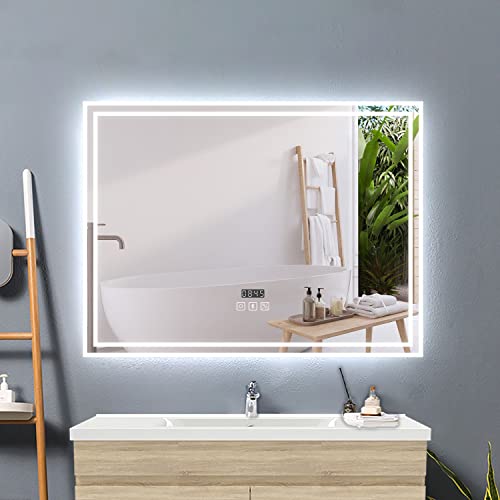 Acezanble Badspiegel LED 100x60cm LED Spiegel mit Beleuchtung Bluetooth Uhr Beschlagfrei Badezimmerspiegel 3 Lichtfarbe Dimmbar mit Memory Touchschalter von Acezanble