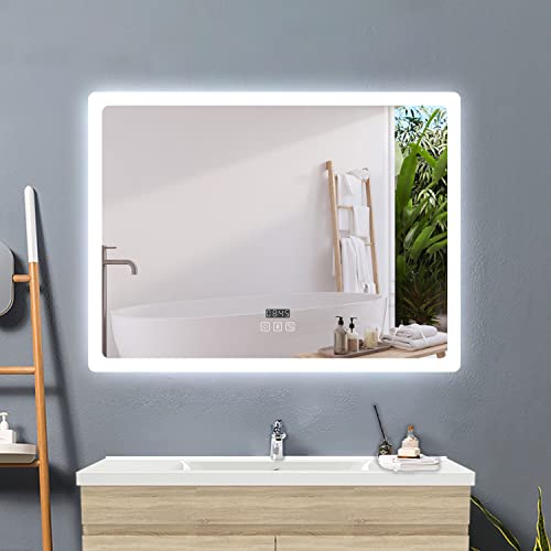 Acezanble Badspiegel mit Beleuchtung 70x50cm LED Spiegel mit Bluetooth Uhr Touch Beschlagfrei Badezimmerspiegel 3 Lichtfarbe Dimmbar mit Memory Energiesparend Wandspiegel Lichtspiegel von Acezanble