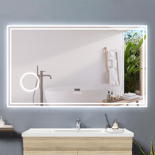 Acezanble LED Badezimmerspiegel 120x70cm mit Bluetooth Uhr 3-Fach Schminkspiegel LED Badspiegel Touch Beschlagfrei Wandspiegel 3 Lichtfarbe Dimmbar mit Speicherfunktion von Acezanble