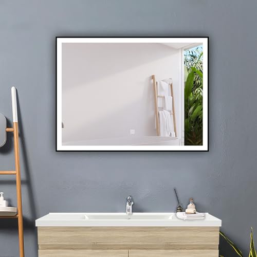 Acezanble LED Rahmenspiegel 90x70cm Schwarz,Badspiegel mit Touch+Beschlagfrei+Dimmen+Speicherfunktion+Beleuchtung 2700-6500K,CE IP44 Energieklasse F von Acezanble