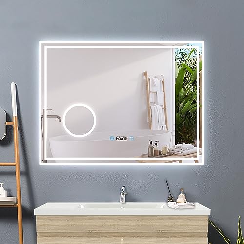Acezanble LED Spiegel mit Beleuchtung 80x60cm Badspiegel mit Uhr Touch Beschlagfrei 3-Fach Schminkspiegel Lichtspiegel 3 Lichtfarbe Dimmbar mit Memory Raumschalter anschließbar Wandspiegel von Acezanble