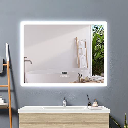 Acezanble Spiegel mit Beleuchtung 100x60cm,LED Badspiegel mit Bluetooth Uhr Beschlagfrei Touch,Badezimmerspiegel 3 Lichtfarbe Dimmbar mit Memory,Energiesparend Wandspiegel Lichtspiegel von Acezanble