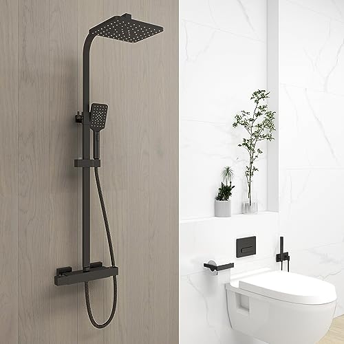 Acezanble Thermostat Duscharmatur Set Mattschwarz, Quadratisch 38°C Thermostat Duschsystem mit Regenduschkopf, 3-Funktion Handbrause, Anti Verbrühung Duscharmatur Bar Kit, Höhenverstellbar von Acezanble