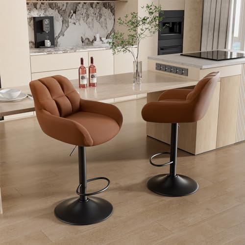 2er-Set Barhocker, Höhenverstellbare Drehstühle mit Fußstütze, 360° Schwenkbar, Belastbar bis 120 kg, Polster aus High-Elastic-Schaum, PU-Armlehnen – Moderner Küchenhocker für Küchenin (Braun) von Acezozla