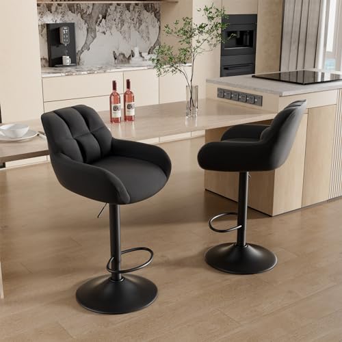 2er-Set Barhocker, Höhenverstellbare Drehstühle mit Fußstütze, 360° Schwenkbar, Belastbar bis 120 kg, Polster aus High-Elastic-Schaum, PU-Armlehnen – Moderner Küchenhocker für Küchenin (Schwarz) von Acezozla