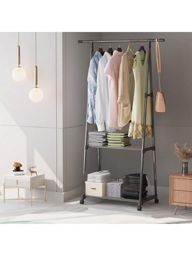 Acezozla Garderobenständer, Kleiderständer mit Regalen, Rollen, Garderobenständer A-Rahmen-Design mit bodenstehenden Regalen und 360°-Rollen für Schlafzimmer, Flur, Wohnung (Schwarz) von Acezozla