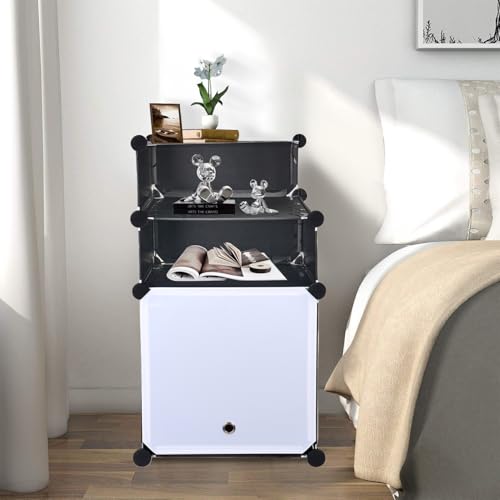 Acezozla Modularer Nachttisch, 70x35x35 cm, Schwarz-Weiß, 3 Ablagen mit Muster-Design, Konstruktion Industrieller Nachttisch Schrank mit Schublade (Weiß) von Acezozla