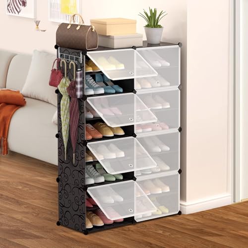 Acezozla Tragbarer Schuhschrank mit Türen für 32 Paar Schuhe – Wasserdichtes Schuhregal aus PP-Kunststoff, Platzsparend & Anpassbar für Flur, Kleiderschrank oder Garage (Schwarz) von Acezozla