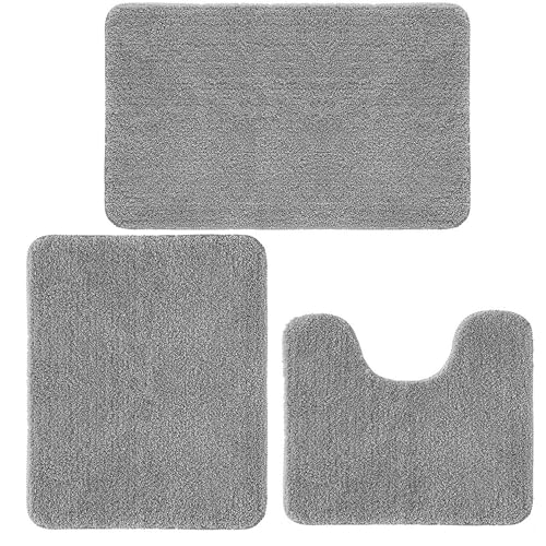 Achiiso Badematten Set 3 Stück,einschließlich 50x60cm kleine Badematte, 50x80cm große Badematte, 40x50cm U-förmige konturierte Toilettenmatte, geeignet für Bad, Badewanne und Dusche (Grau) von Achiiso