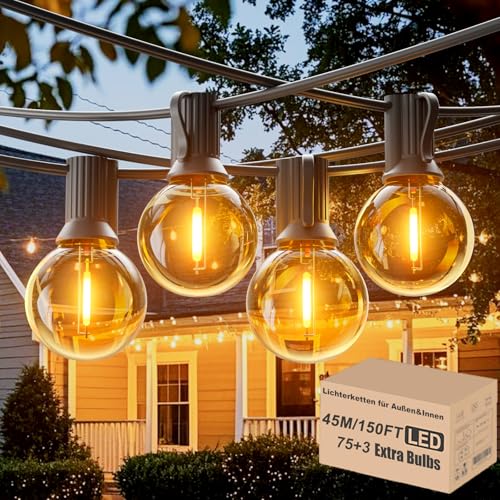 Achin Lichterkette Außen 45M, Outdoor Lichterkette IP45 Wasserdich mit 75+3 G40 LED Birnen E12 Lichterkette für Außen Hochzeit Garten Terrassen, Warmweiß 2700K Achin Lichterkette Außen 45M, Outdoor Lichterkette IP45 Wasserdich mit 75+3 G40 LED Birnen E12 Lichterkette für Außen Hochzeit Garten Terrassen, Warmweiß 2700K von Achin