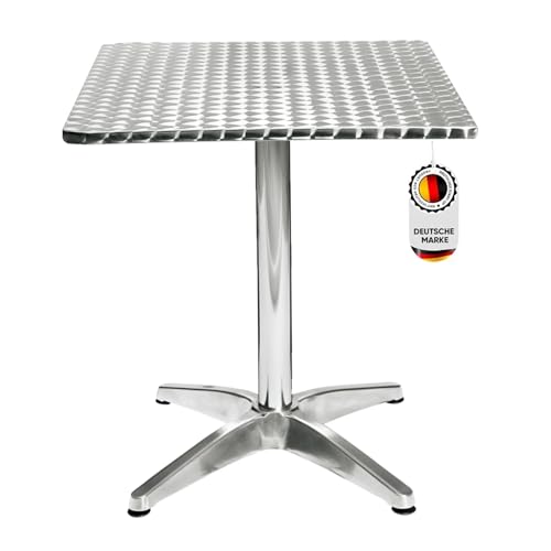 Hochwertiger Bistrotisch aus Aluminium, Eckiger Aluminiumtisch Wetterfest für Garten, Balkon und Terrassen – T60xB60xH72cm / Pflegeleichter Gartentisch mit Standfüßen – Silber glänzend Tischplatte von Acht & Acht