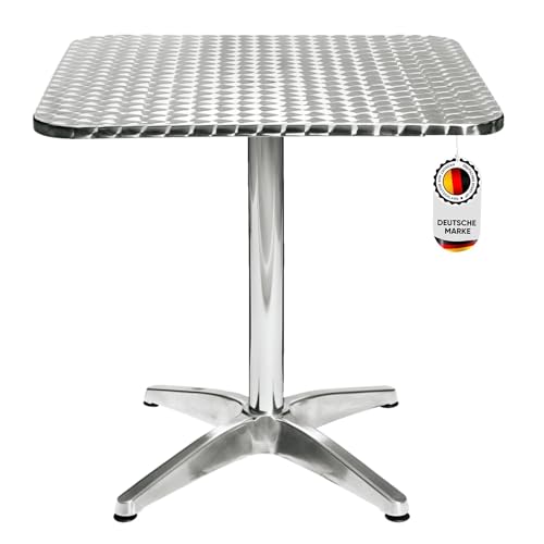 Hochwertiger Bistrotisch aus Aluminium, Eckiger Aluminiumtisch Wetterfest für Garten, Balkon und Terrassen – T70xB70xH72cm / Pflegeleichter Gartentisch mit Standfüßen – Silber glänzend Tischplatte von Acht & Acht
