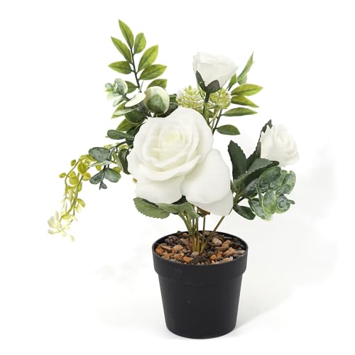 Acihety Künstliche Pflanzen kunstblumen Rosen– Kunstblumen wie echt im Topf, 25 cm, 3 Blütenköpfe, künstliche Blumen für Innen und Außen, in Weiß, Dunkelrot oder Rot von Acihety