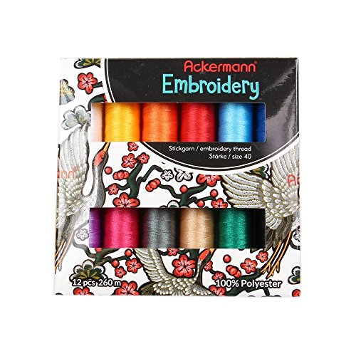 Ackermann Embroidery Stickgarn 12x 260m Stärke 40, 100% Polyester von Ackermann