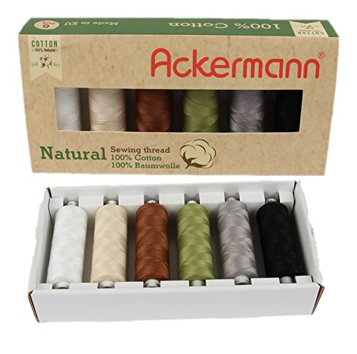 Ackermann Nähgarnmix Natural (100% Baumwolle) 6X 500m Farbenmix, Baumwollnähgarn, Nähgarn aus Baumwolle, Baumwollgarn, Set von Ackermann
