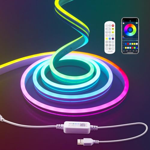 Aclorol 2M USB RGB Neon LED Streifen Wasserdicht LED Schlauch Dimmbar mit Fernbedienung und App-Steuerung Musik Sync Neon Rope Light für Küche Gartenhaus Spiele Wand Dekoration Indirekte Beleuchtung von Aclorol