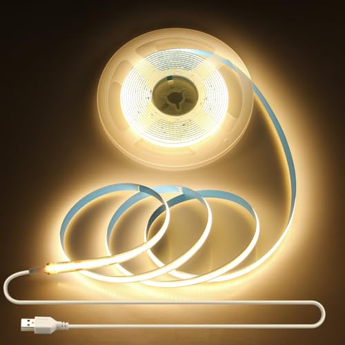 Aclorol 5V COB LED Streifen Warmweiß 3000K Flexible LED Streifen mit USB Anschluss 3M 960LEDs 8mm Breit Lichtleiste mit Selbstklebend für TV Hintergrundbeleuchtung unter Küchenschränkeng Wohnzimmer von Aclorol