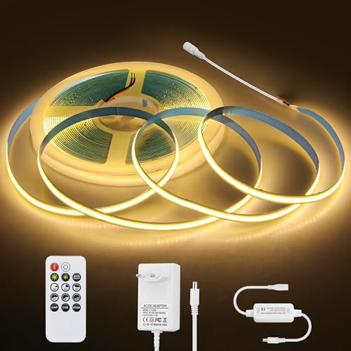 Aclorol COB LED Streifen 10M LED Streifen Warmweiss 3000K Dimmbar 24V 8mm Breite mit Fernbedienung und Netzteil Flexibel LitchBand für Fernseher Schlafzimmer Wohnzimmer DIY Dekoration CRI85+ von Aclorol