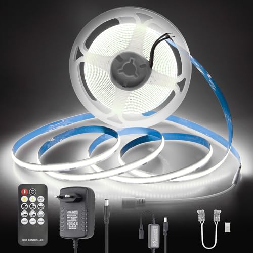 Aclorol COB LED Streifen 5M Kaltweiß 6000K Flexibel LED Band Selbstklebend 12V Dimmbar Streifen Licht mit Fernbedienung Hohe Dichte light CRI>85 320LEDs/M für Unterbau TV Garderobe Beleuchtung von Aclorol