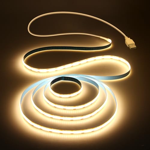 Aclorol COB LED Streifen Warmweiss 1M 5V USB Led Streifen 3000K Durchgehendes Licht Selbstklebend Hohe Dichte Gleichmäßiges lichtband Flexible Dekoration für Unterbau, TV Küche Wohnzimmer von Aclorol