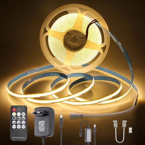 Aclorol COB LED Streifen Warmweiß 5M 12V Hohe Dichte 320LEDs/M LED Flexibel Band Dimmbar mit Fernbedienung CRI>85 3000K Led Leiste Innen Selbstklebend für Unterbau Küche Wohnzimmer Heim Deko von Aclorol