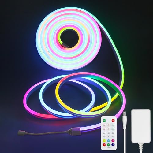 Aclorol Neon LED Strip 10M RGB Smart IC Outdoor Lichtband IP67 Wasserdicht Music Sync mit Fernbedienung DIY Design Arbeitet mit App-Steuerung Neon Rope Lights 24V für Gaming Zimmer, Decke, Wand Deko von Aclorol