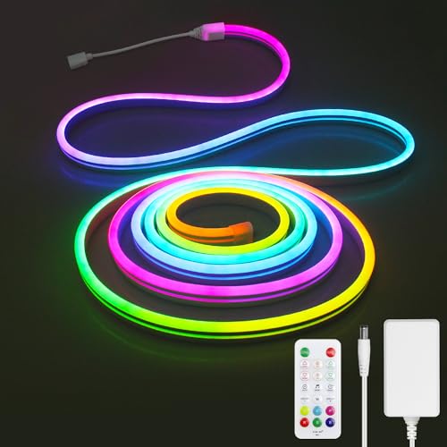 Aclorol RGB+IC Neon LED Streifen 5M Dimmbar LED Strip Outdoor Wasserdicht Flexibel Leiste 24V Musik-Sync Segment DIY Design Arbeitet mit Bluetooth Fernbedienung für Schlafzimmer, Wand Deko von Aclorol