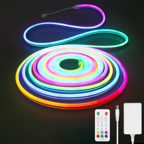 Aclorol RGB IC Neon LED Streifen 15M 24V Led Strip mit App-Steuerung Lichtband Wasserdicht Outdoor Farbwechsel Flexibel LED schlauch Arbeitet mit App-Steuerung Music Sync für Party, Wand Deko, TV von Aclorol