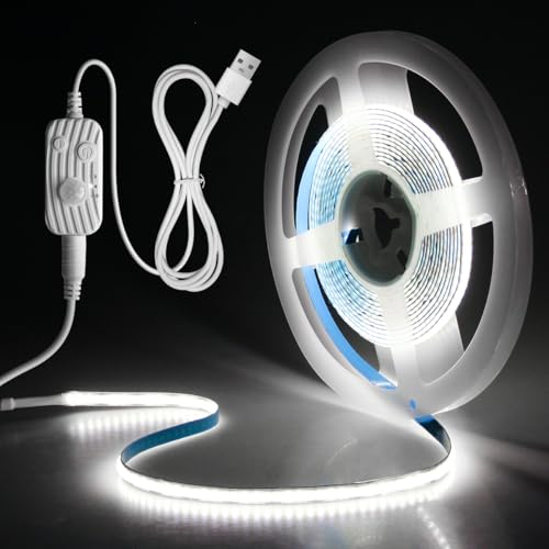 Aclorol USB 5V COB LED Streifen 2M mit Bewegungsmelder Kaltweiß Dimmbar LED Lichtband mit Timing-Funktion Hohe Hell für Schrank Küche Wohnzimmer Schlafzimmer Unterbettbeleuchtung Treppe 6000K CRI85+ von Aclorol