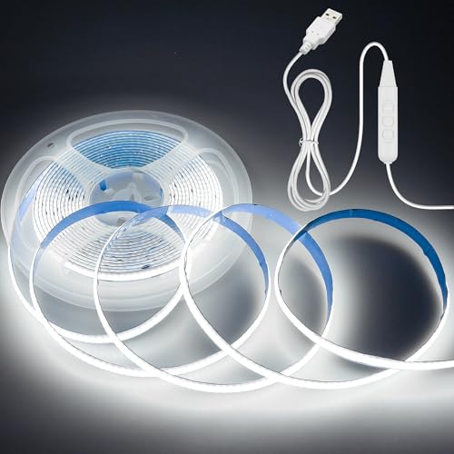Aclorol USB 5V COB LED Streifen 5M Kaltweiß Dimmbar TV Led Beleuchtung 1600LEDs Hohe Dichte LED Flexible Strip mit Selbstklebend für Schränke unter Küchenschränken Treppe 3D Drucker DIY Beleuchtung von Aclorol
