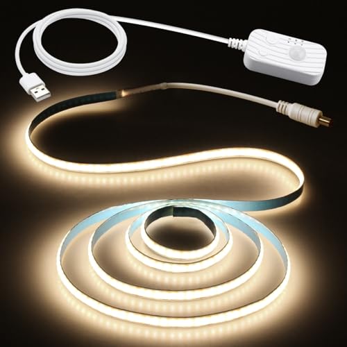 Aclorol USB 5V COB LED Streifen mit Bewegungsmelder 1M 320LEDs Neutralweiß 4000K Dimmbar LED Streifen mit Timing-Funktion PIR Bewegungssensor für Nachttisch Treppe Schrank Flur Schlafzimmer CRI85+ von Aclorol