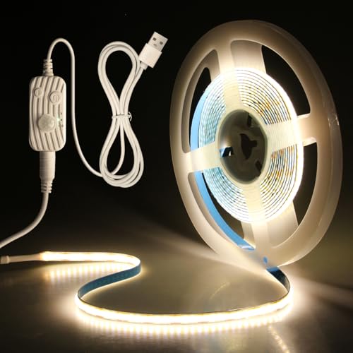Aclorol USB 5V COB LED Streifen mit Bewegungsmelder 2M Dimmbar Strip Light Neutralweiß PIR Bewegungssensor LED Band Selbstklebend für Treppen Kinderzimmer Schränke Bettbeleuchtung Küche 8mm Breit von Aclorol