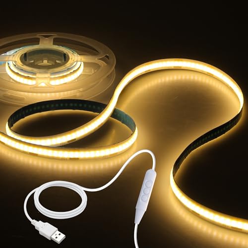 Aclorol USB 5V COB LED Strip 1M warmweiß 3000K Dimmbar TV LED Hintergrundbeleuchtung Flexible LED Band mit Selbstklebend für Displays unter Küchenschränken Treppe Schlafzimmer 320 LEDs/M CRI 85+ von Aclorol
