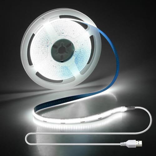 Aclorol USB COB LED Streifen 4m Kaltweiß 6000K Flexible LED Strip mit 1M USB-Stromkabel Hohe Dichte 320LEDs/m CRI>85 für TV LED Hintergrundbeleuchtung Wohnzimmer Spiegel Schrank Nachttisch Computer von Aclorol