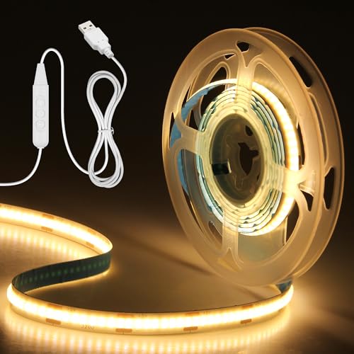 Aclorol USB COB LED Streifen 5V Warmweiss 3000K 2M Streifen Dimmbar CRI>85 320 LEDs/M Hohe Dichte Flexible LED Band mit Dimmer für TV Hintergrundbeleuchtung 3D Drucker Schrank Bedroom von Aclorol