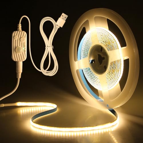 Aclorol USB COB LED Streifen mit Bewegungsmelder 2M 640LEDs Warmweiß 3000K Dimmbar 5V LED Flexibel Streifen mit 1.5M USB Kabel für Nachtlicht Schrank Kleiderschranks Schlafzimmer Treppen Küche CRI85 von Aclorol