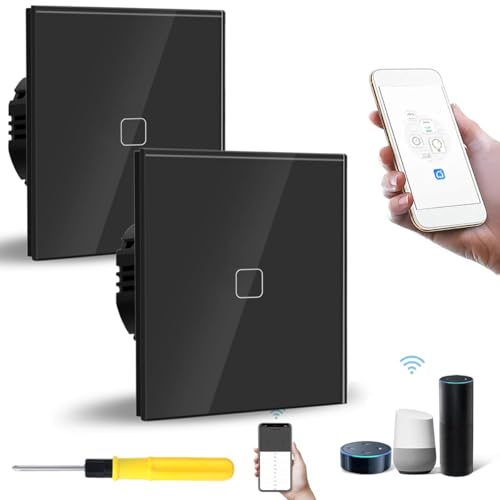 Acmerota WIFI-Smart-Lichtschalter Touch 1 Gang 1 Weg schwarzes Glaspanel 2er-Pack, Single Gang Smart-Lichtschalter, kompatibel für Alexa & Google Home Sprach-App-Steuerung, gemeinsamer WIFI-Schalter von Acmerota