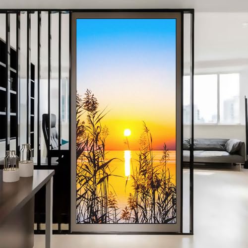 Selbstklebende Sichtschutz-Fensterfolie, Anti-UV-blockierend, Hitzekontrolle, mattiert, Sonnenuntergang, Landschaft, Glas, Fensterdekoration, 100 x 200 cm (B x H) von Acmore