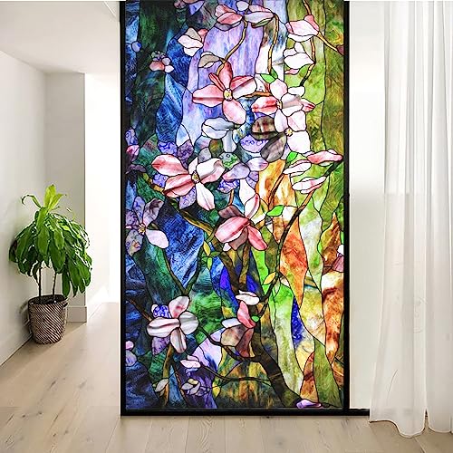 Sichtschutz-Fensterfolie, Buntglas-Blume, dekorative Glasfolie, kleberfrei, statisch haftend, Fensteraufkleber für Zuhause, Büro, B 35,4 x H 78,7 (90 x 200 cm) von Acmore