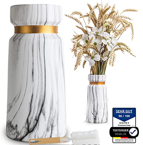 𝐀𝐜𝐨𝐥𝐲𝐧𝐞® Vase für Pampasgras aus Hochwertiger Keramik [MIT REINIGUNGSSCHWAMM & EBOOK] als Moderne Blumenvase in Weiß-Gold | Bodenvase Groß in Marmor-Optik | Vase Weiß von Acolyne