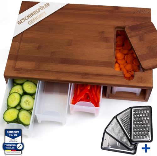 𝐀𝐜𝐨𝐥𝐲𝐧𝐞® XXL Schneidebrett mit 4x Auffangschale & Abwurfschacht KARBONISIERTEN BAMBUS - Profi Schneidebrett Holz inkl 4x Schäler-Aufsatz - Holzbrett Küche, Frankfurter Brett, Cutting Board Wood von Acolyne