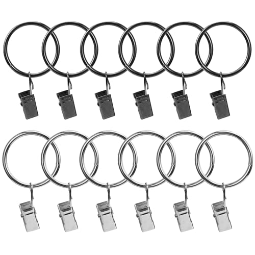 Acooruiteng Gardinenringe mit Clips Metall Vorhangringe mit Clips Curtain Rings with Clips 32mm Innendurchmesser Vorhang Clips Gardinen Ringe für Tür Fenster Duschvorhang Schwarz Silber 12 Stück von Acooruiteng