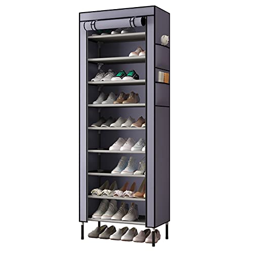 AcornFort S-203 10 Etagen extra dicke Stangen stabiler Schuhschrank Aufbewahrung Organizer Ständer 58 x 28 x 170 cm Oxford-Gewebe staubdichter Abdeckung hält bis zu 30 Paar Schuhe Grau von AcornFort