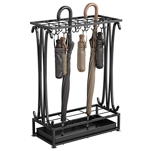 AcornFort U-21 Extra Large Schwarz Metall 21 Löcher rechteckiger Schirmständer Gehstockhalter mit 24 Haken und Einer Regenwasser-Leckschale mit freiem Boden 70 * 50 * 24 cm von AcornFort