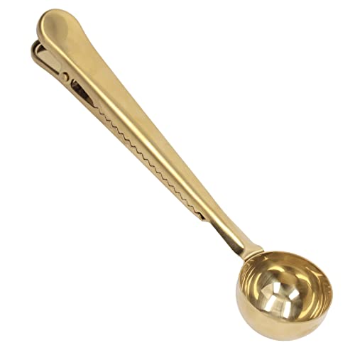 Acouto Kaffeelöffel Versiegelungsklemme, Edelstahl Dichtes Versiegelung für Lebensmittel und Dokumente mit Haushaltsvorräten, mit Beutelhalter Zum Messen von Kaffee, Tee, (Goldklemme flacher Mund) von Acouto