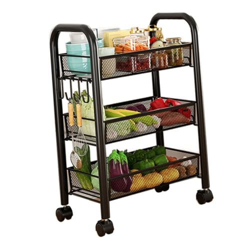Acouto Rolling Storage Cart Layered Storage Regale Multi Funktionelle Bewegliche Snacks Gemüsekörbe Küche Regale Weiß DREI Schichten Multi -Layered Design Rolling Cartmetal (Schwarze DREI Schichten) von Acouto