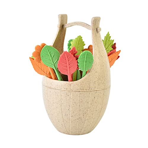 Acouto Schöne Blattformgabeln, Wiederverwendbare, Entzückende Dekoration, 16 Stücke Plastik Set für Obstsalatgebäck, Ideal für Freunde mit Blatteimer, Weizenorange Stängel, Kreative (Beiges) von Acouto